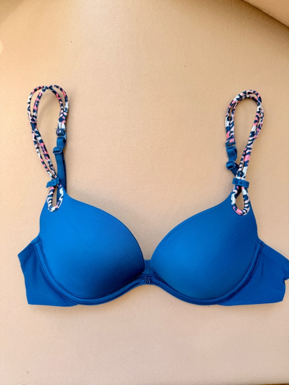 Victoria Secret Blue Bra with Pink & Navy Print Strap